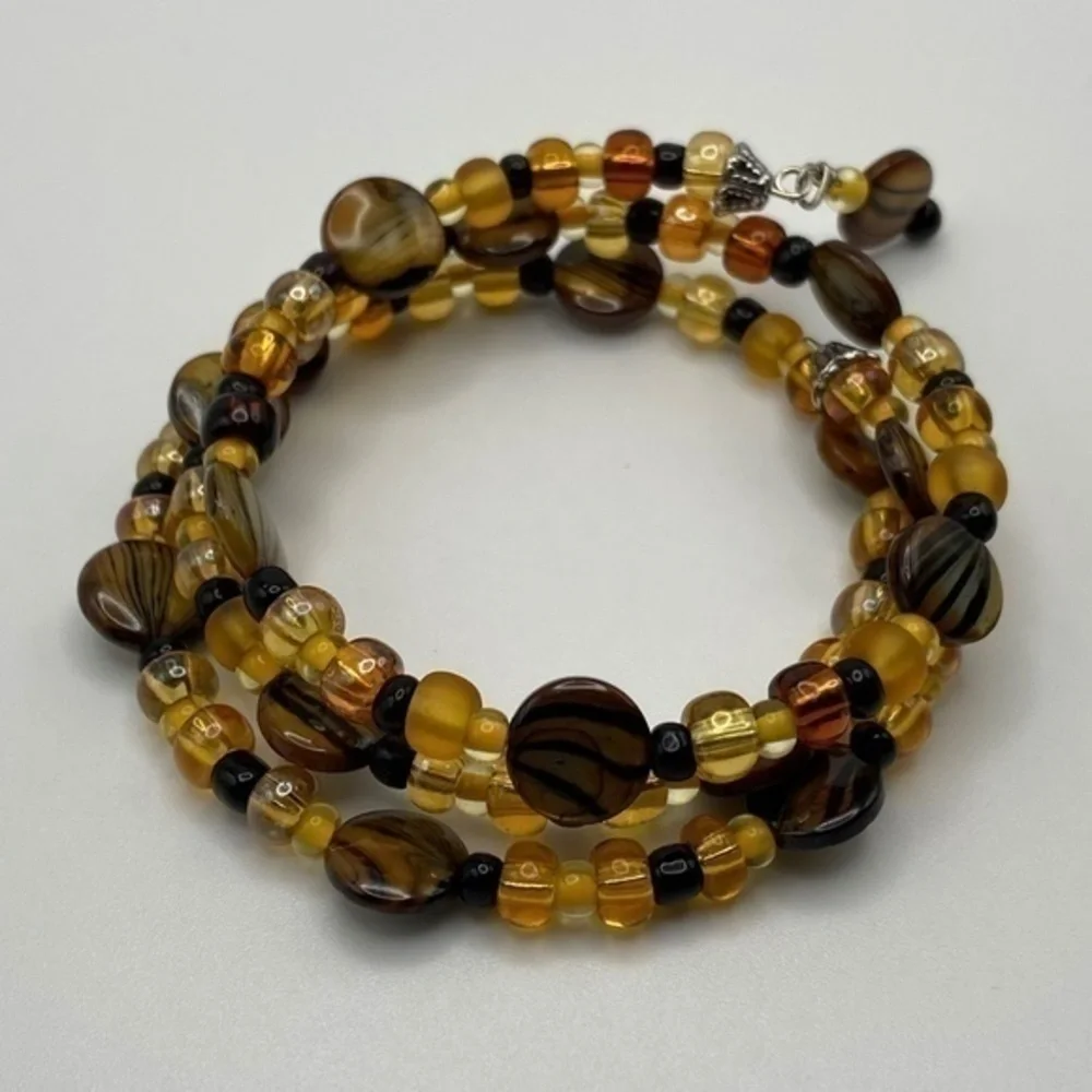 Memory‎ Wire Bracelet Gold Brown Black Beaded Wrap Around Boho Coil Bracelet